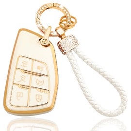 OLLEN Soft TPU Key Fob Cover, Fit for 2021 2022 2023 2024 GMC Yukon Denali Sierra, Fit for Chevy Silverado Suburban Tahoe Buick, Full Protection Remote Key Case with Bling Keychain, 6 Button, White