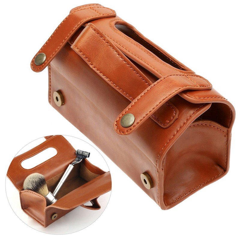 Fashion Men's Portable Cosmetic Pouch Brown PU Leather Shaving Brush