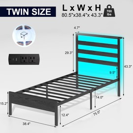 J.Fkne Twin Bed Frame with LED Lights & Charging Station, Storage Headboard, Heavy Duty Metal Slats, No Box Spring Needed, Noise-Free, Easy Assembly, Black