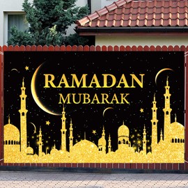 KYMY Ramadan Mubarak Backdrop with 70.8" X 43.3", Muslim Ramadan Banner Photo Background Sign for Ramadan Eid Mubarak Party, Islamic Hanging Banner for Indoor Outdoor Ramadan Mubarak Decorations