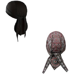 Headwrap Durag Doo Rag Skull Cap Lot or Set of 2 Classic Red Black Combo Paisley with Sweatband Cotton and a Solid Black Moisture Wicking Dry Fit