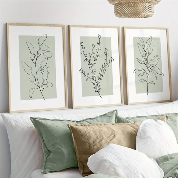 Set of 3 Premium Poster Set, Modern Sage Green Plants