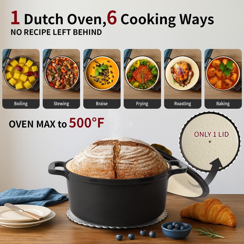 Tastedeli Enamel Cast Iron Dutch Oven with Lid, Round Casserole