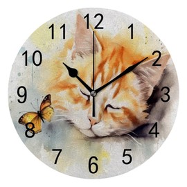 Wall Clock for Living Room Decor Cute Cat Lovely Butterfly PVC 9.8 Inch Hanging Round Desk Clocks Silent Non-Ticking Battery Operated Easy to Read Bathroom Kitchen Office