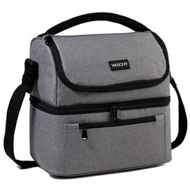 VASCHY Insulated Lunch Bag, 14.3L Dual Compartment Lunch Box Bag for Men Women Large Capacity Thermal Cooler Bag Water Resistant Lunch Tote Bag for Adult for Work Picnic with Shoulder Strap(Grey)