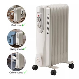 Portable Oil Filled Radiator Space Heater, 1500W, 7-Fin, 3 Heat Settings, White