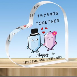 JMIMO 15th Wedding Anniversary Plaque Gifts 15 Years Together - Happy Crystal Anniversary Heart Shaped Acrylic Plaque for Couple Wife Husband
