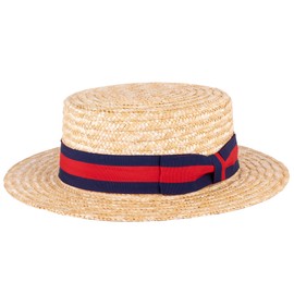 ZAKIRA Classic Straw Boater Hat Handmade from Natural Straw (Navy-Red-Navy Band, M)
