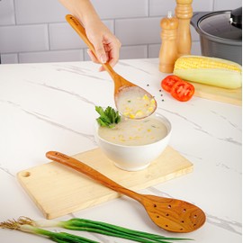 2 Pcs 13.5 Inch Teak Wooden Spoon - Mixing Slooted Spoon Heat Resistant Healthy Cooking Tools Handcrafted by Fiodio Home (Spoon & Round Slotted)