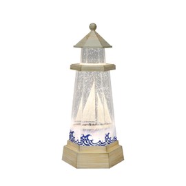Lighthouse Water Spinner Coastal Acrylic LED Light-Up Decoration with Moving Glitter Battery Operated Nautical Tabletop Lamp (3xAA Batteries Not Included)