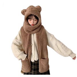 Women Winter Cute Cartoon Bear Ear Hat Warm Women Hoodie Hat Long Scarf Gloves Soft Plush Shawl Wraps Hooded Hat Coffee