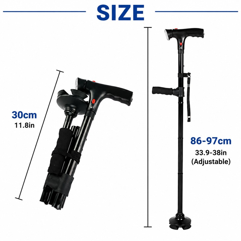 Folding Walking Cane for Senior Mobility – LED Light, Alarm