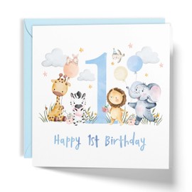 Happy 1st Birthday Card for Boys, Cute Safari Animals (Blue)