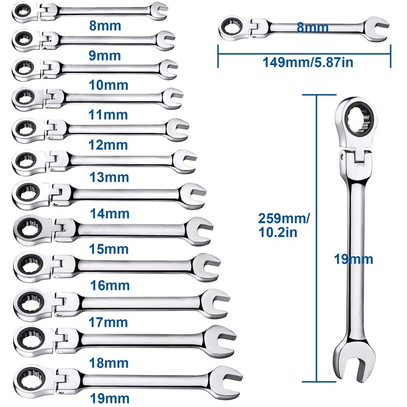 TR TOOLROCK 12pcs Flex Head Ratcheting Wrench Set- 8-19mm Metric