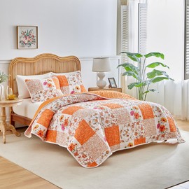 Joyreap 3 Pieces Floral Patchwork Quilt Set Queen, Orange n White Flowers Design, Smooth Soft Microfiber Quilt, Bedspread Bed Cover for All Season- 90x90 inches