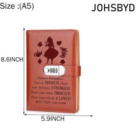 JOHSBYD Alice in Wonderland Leather Combination Lock Notebook Always Remember You’re Braver Than You Believe Leather Locked Journal Notebook Alice Fans Gift(always remember)