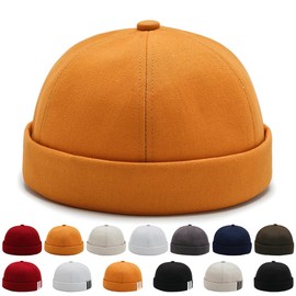 YKDLLF Summer Docker Cap Cotton Men's Adjustable Sailor Hat Cap Without Visor Retro Brimless Hat Rolled Cuff Fisherman Hat Short Docker Hat, Yellow 2, 57