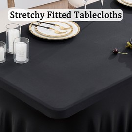 Htper 6 Pack Spandex Black Table Clothes for 6 Foot Rectangle Tables, Wrinkle Free Table Cloth Fitted Tablecover Stretchy Tablecloths with Skirt for Parties Wedding Banquet