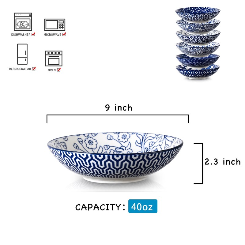 Selamica Porcelain 40oz Large Bowls 9 inch Big Pasta Salad