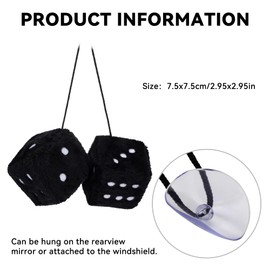 Couslcd Pair Fuzzy Plush Dice for Car Mirror, 2.75'' Retro Square Car Mirror Hanging, Universal Auto Rearview Mirror Ornament, Couple Pendant Charms, Car Accessories for Women (Black)