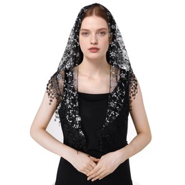 Lystaii Triangle Lace Mantilla Veil with Tassel Tulle Scarf Shawl Cathedral Head Covering Floral Chapel Veil for Mass Wedding (Black)