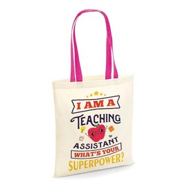 Getagift I Am a Teaching Assistant Whats Your Superpower?, Best Teacher Gift, Reusable Bag, Shopping Bag, Tote Bag. (Fuchsia Handle)