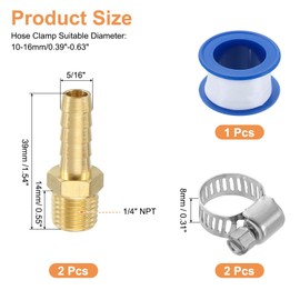 sourcing map 2Pcs Brass Hose Barb Fittings, 5/16" Barb x 1/4" NPT Male Hose Connector with Hose Clamps for Water Fuel Gas Oil Transportation