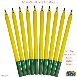 STIC ColorPro Colouring Pens, GREEN, Pack of 10, Felt Tip Pens for Children Adult Kids, Write Draw Sketch Colour Mark Line, 1 x ZOFAX Black Ball Pen