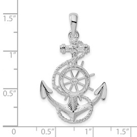JewelryWeb 925 Sterling Silver Rhodium Plated Polished Anchor With Ships Wheel Pendant Necklace 37.13mm long-Pendant for Women