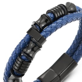 COOLSTEELANDBEYOND - Pulsera de piel trenzado de doble fila para hombre con adornos de acero inoxidable, 8.27 inches, piel azul, Sin gemas.