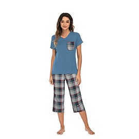Famulily 3/4 Women's Pyjamas Cotton Floral Pajamas Set Sleepwear Loungewear Set Denim Blue S