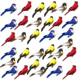 Songbird Clip-On Ornaments - Set of 32 - Assorted Birds with Flocked Bodies - Feathered Wings & Tail - Cardinal - Bluebird - Robin - Goldfinch - Each is 4" L