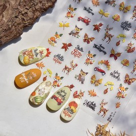 5D Embossed Animal Print Nail Stickers Self-Adhesive Fall Maple Leaf Nail Art Stickers Cute Animal Car Design Autumn Nail Art Supplies Thanksgiving Nail Decals for Women Cute Manicure Decorations