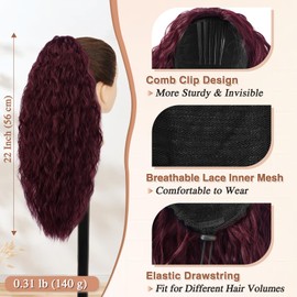 BARSDAR Comb Clip Red Ponytail Extension, 22 Inch Curly Drawstring Ponytail Hair Extensions for Women Long Curly Wavy Synthetic Comb Clip in Pony Tails Hairpieces - Dark Burgundy