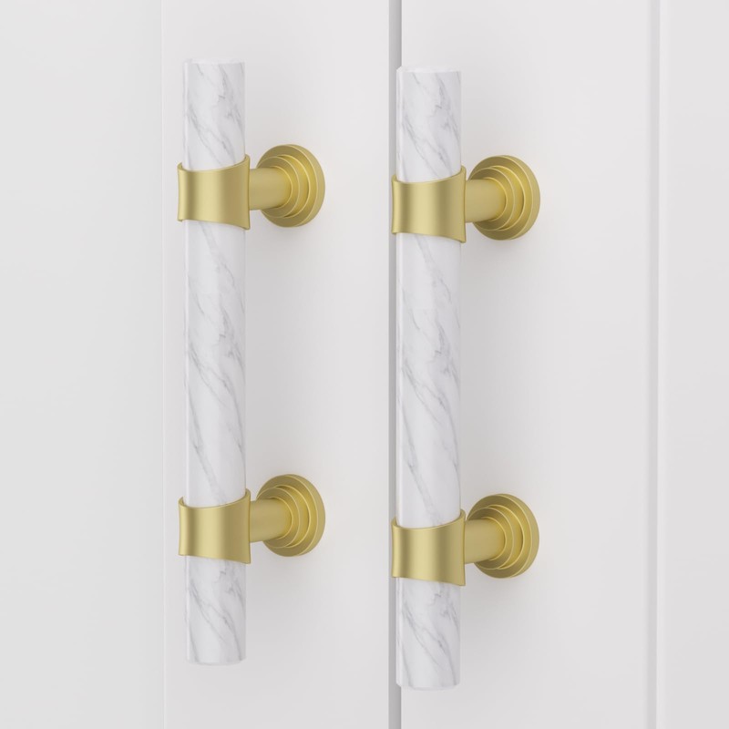 Haliwu 10 Pack White Marble Cabinet Pulls, 2 Tone Cabinet