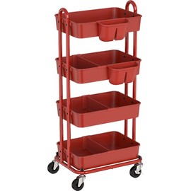 SimpleHouseware 4-Tier Multifunctional Rolling Utility Cart with Basket Dividers and Hanging Buckets, Red