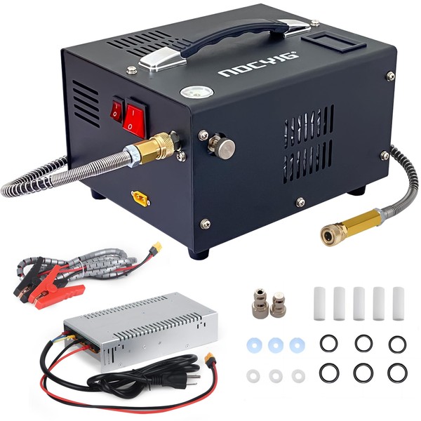 NDCYJG Pcp air compressor 4500PSI Portable PCP Compressor, 12V DC/110V AC PCP Airgun Compressor Manual-stop, w/External Power Adapter, Built-in Fan, Suitable for Paintball, Air Rifle, Scuba Bottle
