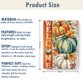 Welcome Fall Pumpkins Decorative, Wall Hanging Flag, Outdoor Welcome Decor, Autumn White Teal Yellow Pumpkin Pattern Yard Home Decoration, Thanksgiving Decor