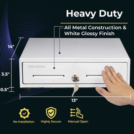 Volcora 13" Manual Push Open Cash Register Drawer for Point of Sale (POS) System, White Heavy Duty Till with 4 Bills and 5 Coin Slots, Key Lock with Removable Coin Tray and Double Media Slots