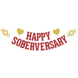 KEWUFD Happy Soberversary banner,Happy Sober Anniversary Decor Sign, Happy Sobriety Party Decoration For Celebrate Recovery Party Decorations Supplies Red Gold Glitter