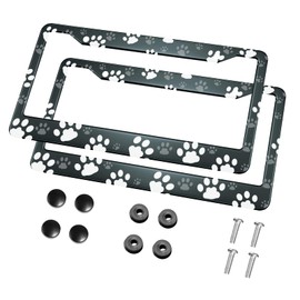 HOSNYE Dog Paw Print License Plate Frame Black 2 Pcs White and Gray Metal Cute Licenses Plates Frames Licenses Plate Covers Car Tag Frame for Women Men US Vehicles