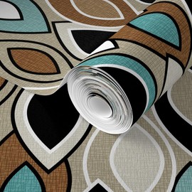 Commercial Grade Wallpaper Swatch - Retro,MCM,Leaves,Abstract,mid Century Modern,Vintage Style,Scandi,Blue,Brown,Black,Geometric,Vintage Traditional Wallpaper by Spoonflower