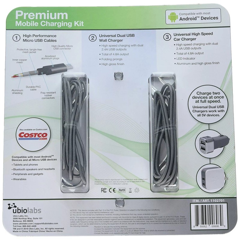 UbioLabs Premium Mobile Charging Kit Micro USB Cables