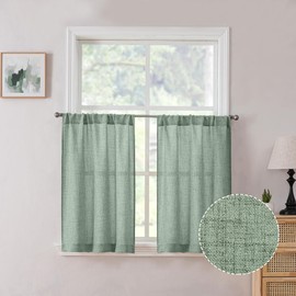 Tollpiz Short Linen Tier Curtains Rod Pocket Semi Sheer Half Kitchen Curtain Burlap Light Filtering Thick Linen Drapes for Bathroom, 30 x 24 inches Long, Sage Green, Set of 2 Panels