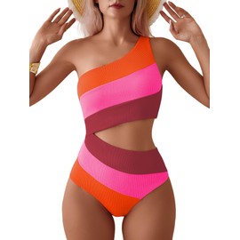 TASHEHE - Traje de baño de una pieza para mujer, con un solo hombro, sexy color neón, traje de baño de cobertura completa y recortado, Naranja/Rosa/café, Large