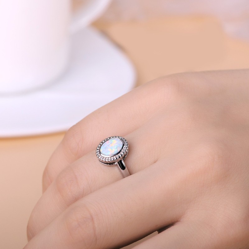 KELITCH Synthetic Opal Silver Ring, Handamde Egg Round Ring for