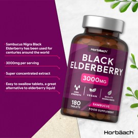 Elderberry Supplement 3000mg | Black Elderberry Extract Tablets | High Strength Sambucus Nigra | 180 Vegan Tablets | by Horbaach