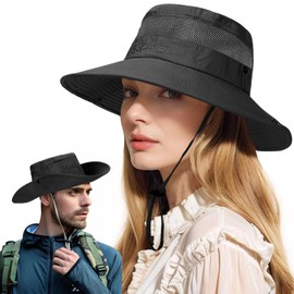 Sun Hat for Men Women Summer Wide Brim Mesh Safari Hat UV Protection Bucket Hats Waterproof & Breathable Fishing Boonie Hats for Walking Hiking (Black)