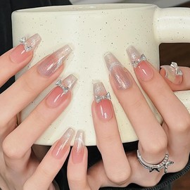 Pure Handmade Nails Press on Nail Reusable Fake Nails Aurora&Butterfly Bling Bling Medium Stick on Nails French Tip False Nails 10pcs (L, Q292)