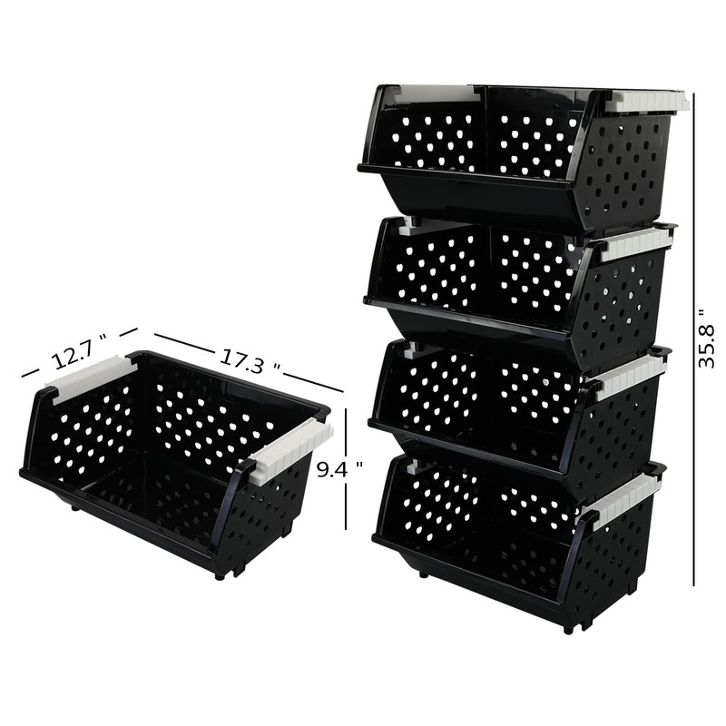 Jekiyo 4 Packs Large Stackable Storage Bins, Plastic Stacking Basket,